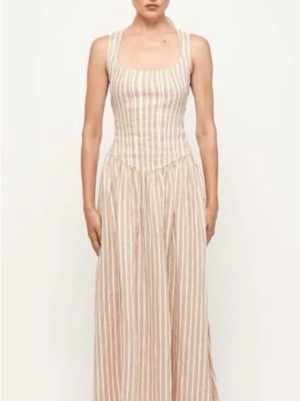 Drop Waist Tan and White Linen Midi Dress